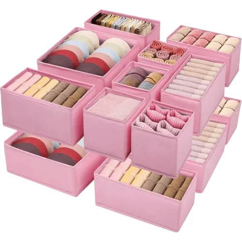 Drawer Clothing Organizer 16-Pack, Pink 3 Sizes Underwear Drawer Dividers, Fabric Folding Wardrobe Organizer for Baby Clothes, Bras, Underwear, Underpants, Belts, Socks, Ties, etc.