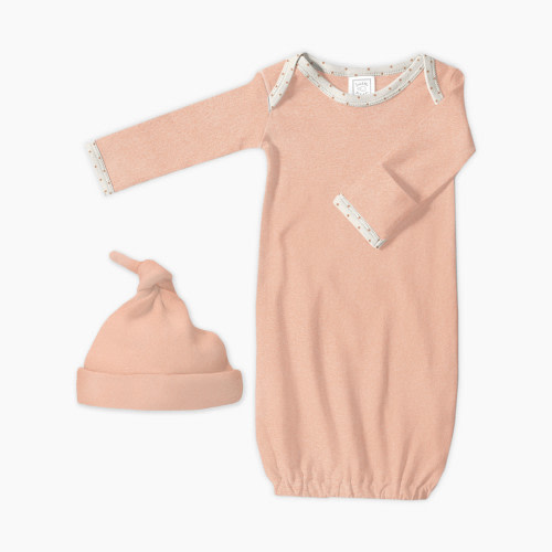 SwaddleDesigns Cotton Knit Long-sleeve Pajama Gown with Mitten Cuffs and Knotted Hat - Heathered Peach Blush, 0-3 M