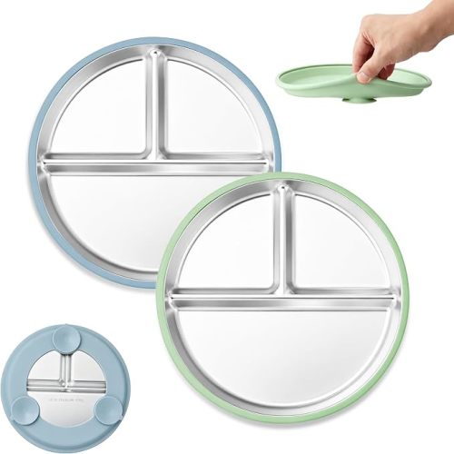 E-far Stainless Steel Toddler Plates with Suction, 4-Pack Divided Plates