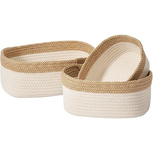 LA JOLIE MUSE Rope Storage Baskets for Organizing, Small Cotton Woven Basket for Bathroom Shelf Nursery, Decorative Basket Organizer Bins Set of 3, Khaki & White