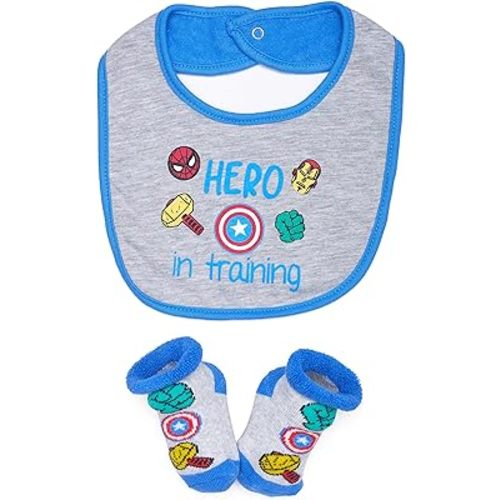 Marvel Baby Boys' Booties and Bib Gift Set - Super Heroes Bootie Sock Set Spiderman Hulk Iron Man
