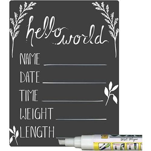 Cohas Hello World Newborn Baby Announcement Sign with Chalkboard Style Surface, 5 by 7 Inches, White Marker