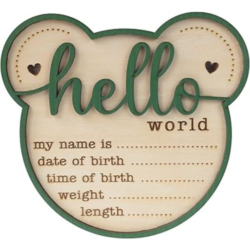 CUNCUN Hello World Wooden Birth Announcement Sign, 6.2 inch Round Nursery Photo Prop, Baby Name Weight Length Date Time Plaque (BB60)
