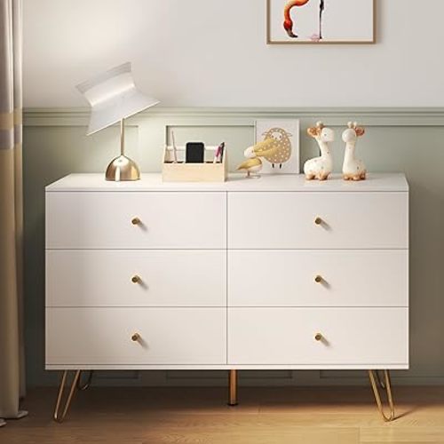 White Dresser for Bedroom, Wide Wood Dressers & chests of 6 Drawers, TV Stand for 55" TV, Modern Storage Drawers for Bedroom Entryway, Closet, Hallway (1, White)