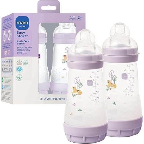 MAM Easy Start Anti-Colic Baby Bottle 9 oz, Medium Flow, Breastfeeding-Like Silicone Nipple Bottle, Reduces Colic, Gas, & Reflux, Easy-to-Clean, BPA-Free, Vented Baby Bottles for Newborns, 2+ Months