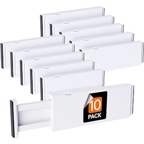 10 Pack Drawer Dividers Plastic 4" High, 11-17" Adjustable Drawer Organizers for Clothes, White
