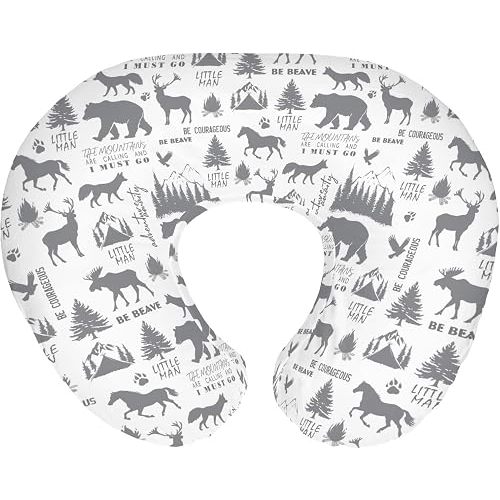 Gray Animals Nursing Pillow Covers for Boy Deer Bear Horse Trees Mountain Nursing Slipcovers for Breastfeeding Pillows Camping Adventure Soft Stretchy Removable Cover for Newborn Infant