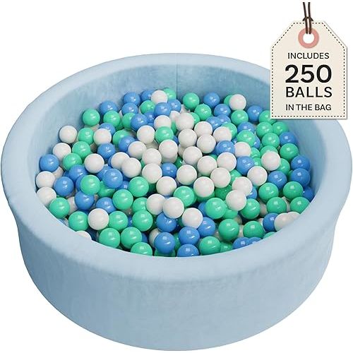 Baby Ball Pit with 250 Balls + Storage Bag - Soft Memory Foam Ball Pit with Washable Velvet Cover - Ball Pits for Toddlers Baby Boy 1-3 and Kids Ball Pit for Indoor/Outdoor Use (Blue)