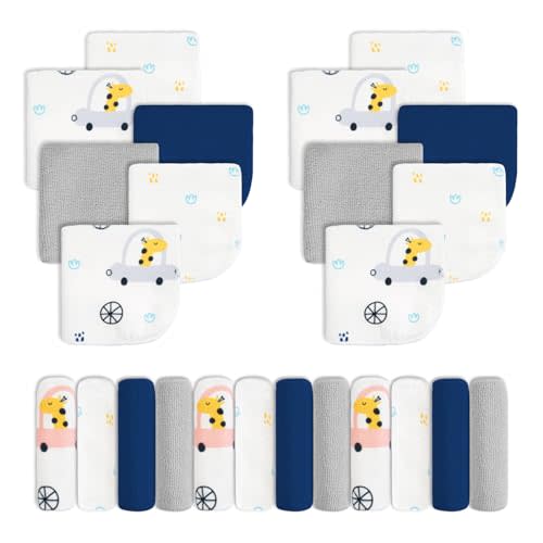 Viviland Baby Washcloths, Super Soft Baby Bath Towels for Newborn 24 Pack, Absorbent Face & Body Wash Cloth for Baby Girl, Blue-Giraffe Pattern, 9 x 9 inch
