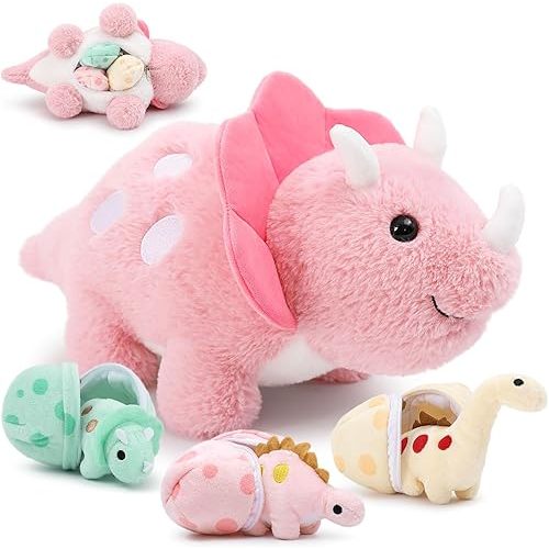 Plush Dinosaur Stuffed Animals,A Pink Mommy Dinosaur with 3 Baby Dinosaurs,Triceratops, Tyrannosaurus Rex and Diplodocus.