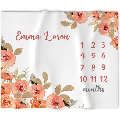 Baby Girl Milestone Blanket, Personalized Baby Month Blanket, Baby Growth Tracker Blanket, Personalized,, New Mom Gift (Blanket 04)
