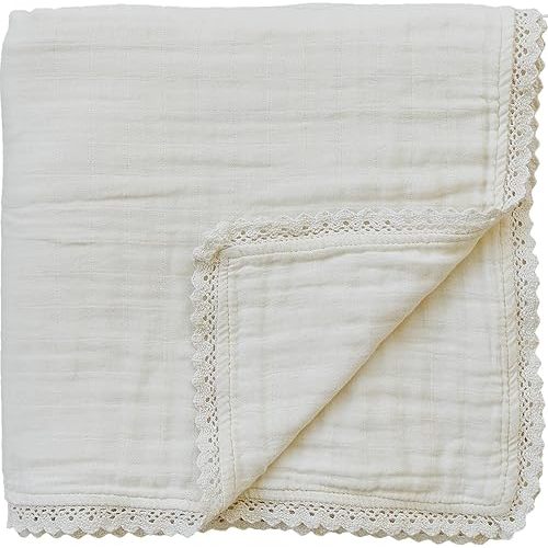 Mebie Baby Muslin Quilt, Cream Lace, 100% Cotton Baby Blanket for Girls & Boys, Newborns to Toddler, Soft Swaddle Blanket, 47"x47"