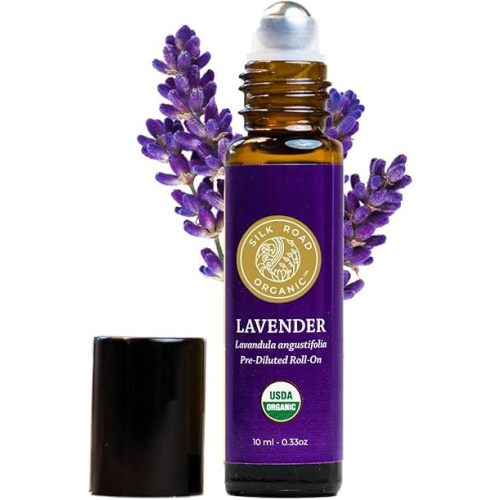Silk Road Organic Lavender Essential Oil Roll On, USDA Certified, Calming, Relaxation & Sleep - 10 ml Aromatherapy Roller