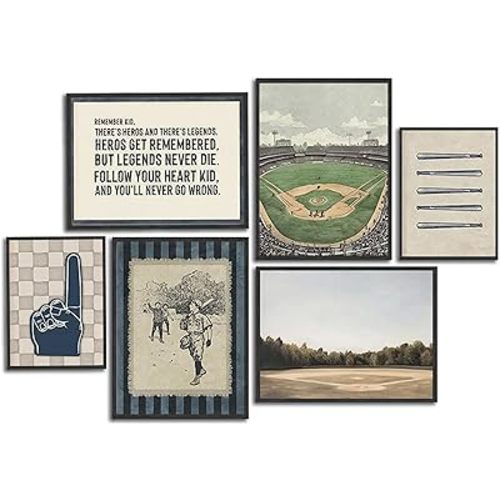 WWN Vintage Baseball Canvas Wall Art Set of 6 Baseball Field Stadium Picture Wall Decor Baseball Sports Inspirational Quotes Poster Painting Prints Artwork for Boys Room Office Teen Room Home Decor