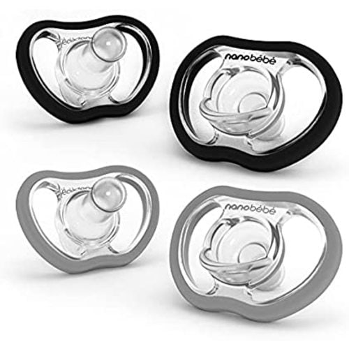 Nanobebe Active Baby Pacifiers 4-36 Months - Orthodontic, Lightweight and Vented, Curves Comfortably with Face Contour, 100% Silicone - BPA Free, Perfect Baby Registry Gift 4pk, Black/Grey