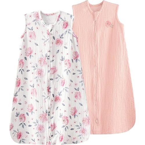 PHF 100% Muslin Cotton Baby Sleep Sack, 6-12 Months Baby Wearable Blanket with 2-Way Zipper, 2 Pack Soft Breathable Cooling 0.5 TOG Medium Size Sleeveless Sleeping Bag for Girls, Pink Floral