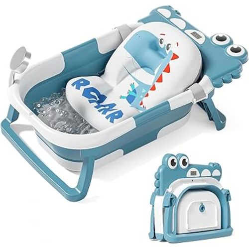 TPN Collapsible Baby Bathtub for Infants to Toddler with Real-time Temp Monitor+Floating Cushion,Foldable Baby Bath Tub Set Applicable 0-36 Month,Perfect Portable Travel Baby Tub for Newborns Girl