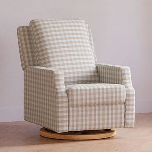NAMESAKE: Tan Gingham - Crewe Electronic Recliner and Swivel Glider in Tan Gingham with Light Wood Base, Greenguard Gold & CertiPUR-US Certified