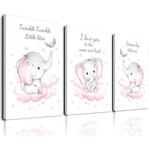 Watercolor Elephant Family Framed Canvas Wall Art,Nursery Decor,12X16” 3pcs
