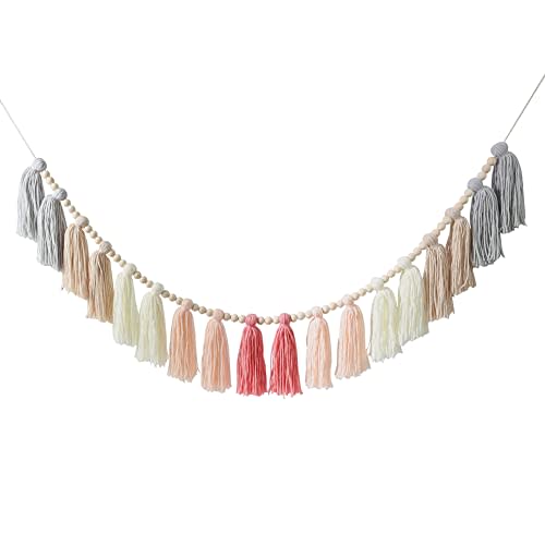 DrCor Pink Grey Yarn Tassel Garland Boho Preppy Bunting Banner Wall Hanging Decor for Fall Thanksgiving Christmas Classroom Office Birthday Party Nursery Kids Bedroom Baby Shower Decoration