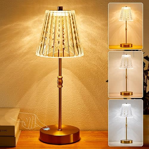 Cordless Table Lamp, 5000mAh Rechargeable Battery Operated Portable Lamp, Dimmable+3 Colors LED Touch Control, Vintage Crystal Lamp for Bedroom, Kitchen, Bar, Office