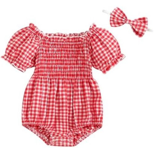 Newborn Baby Girl Summer Clothes Short Puff Sleeve Plaid Bubble Romper Smocked Frill Bodysuit with Headband