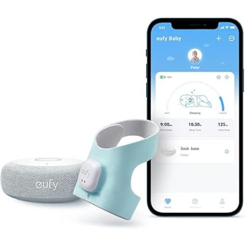 eufy Security Baby Smart Sock Baby Monitor with 2.4 GHz Wi-Fi, Track Sleep Patterns, Naps, Heart Rate, AI Cry Detection, Pan and Tilt, No Monthly Fee