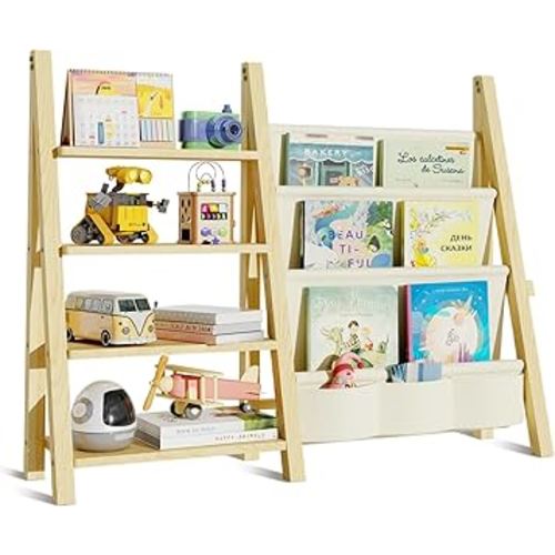 Toy Storage Organizer with Kids Bookshelf, Montessori Wooden Toy Organizer Book Shelf for Kids Rooms, Nursery, Playroom, Child, Baby, Toddler Bookcase, Toys Rack Fabric Sling Book Shelves