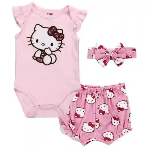 3 Pc Hello Kitty Gift Set Bodysuit Headband Shorts Pink Red White Glitter Size 9 Months