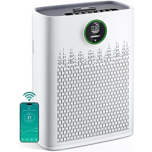 Smart Air Purifier for Home Large Rooms, with WiFi Control, Smart Mode, AQI Display, 22dB Sleep Mode & Aromatherapy, Covers Up to 1295 Ft² with 2X-Power Filtration, HAP603WF, Bright White