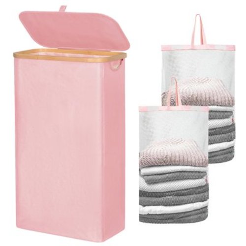 BGTREND Slim Laundry Hamper with Lid 75L Foldable Clothes Basket with 2 Removable Mesh Bags & Bamboo Handle for Closet Bathroom Bedroom (27.5 inches, Pink)