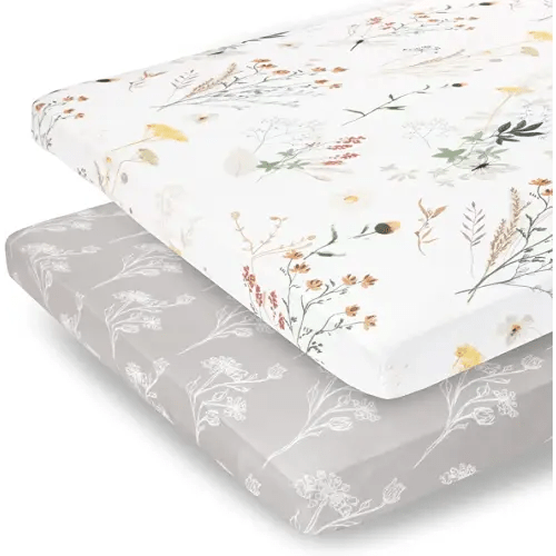 Pobibaby - 2 Pack Premium Pack N Play Sheets Fitted for Standard Pack and Plays and Mini Cribs - Ultra-Soft Jersey Knit, Stylish Floral Pattern, Safe and Snug for Baby (Wildflower)