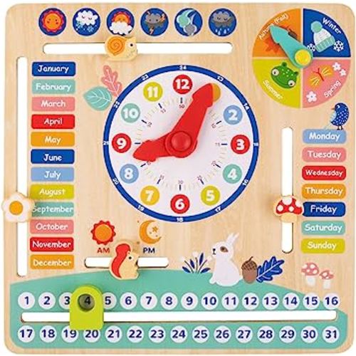 TOOKYLAND Montessori Educational Wooden Learning Toys Kids Daily Calendar My Calendar Clock Wooden Toys Gifts for Toddler Kids Age 3+