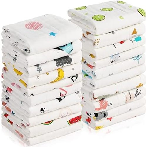 20 Pack Muslin Baby Burp Cloths Large 20 x 10 Inches Cotton Baby Burp Rags Towel and Washcloths Face Towels 6 Layers Super Absorbent for Infant Shower,20 Styles