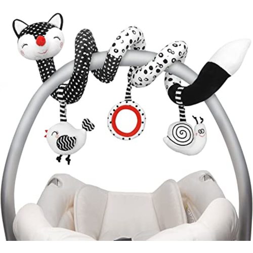 Euyecety Baby Spiral Plush Toys, Black White Stroller Toy Stretch & Spiral Activity Toy Car Seat Toys, Hanging Rattle Toys for Crib Mobile, Newborn Sensory Toy Best Gift for 0 3 6 9 12 Months Baby-Fox