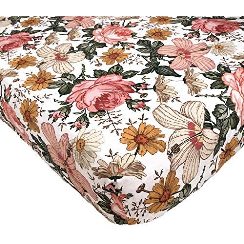 Fitted Crib Sheet (Standard Size) - Garden Floral (White) Design, Woven 100% Cotton for Baby Girl Infant, Toddler Nursery Bedding and Bassinet Mattress Cover Inspiration by Mini Wander