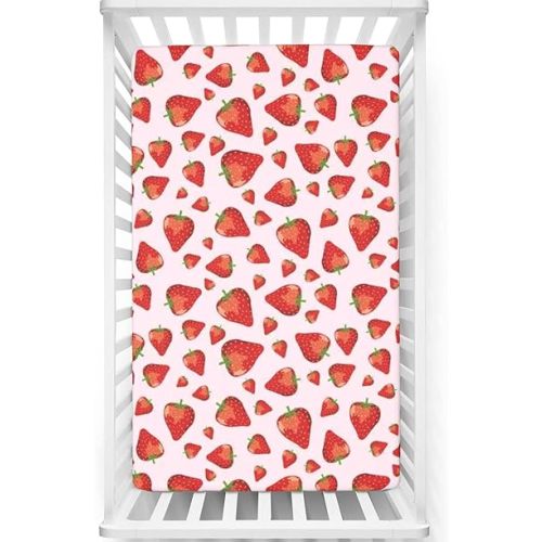 Strawberry Themed Fitted Crib Sheet,Standard Crib Mattress Fitted Sheet Polyester Toddler Bed Mattress Sheets-Crib Mattress Sheet or Toddler Bed Sheet,28“ x52“,Lime Green Vermilion Rose