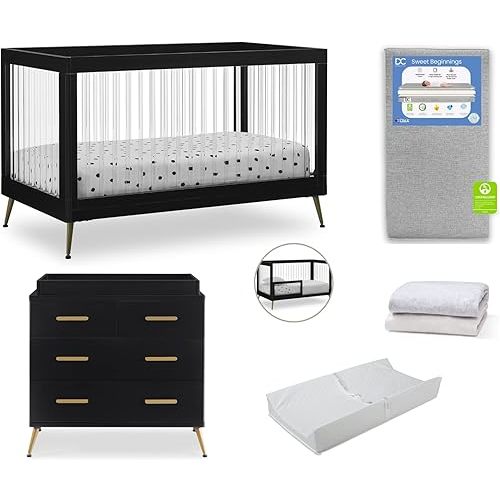 Delta Children Sloane Crib 7-Piece Baby Nursery Furniture Set–Includes: Convertible Crib, Dresser, Changing Top, Crib Mattress, Fitted Sheets, Toddler Guardrail & Changing Pad, Black w/Melted Bronze