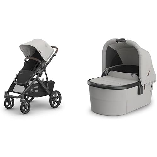 UPPAbaby Vista V3 Stroller + Bassinet V3 - Convertible Single-To-Double Stroller System- Bassinet, Toddler Seat, Bug Shield, Rain Shield Included - Savannah (Pearl Gray/Carbon Frame/Chestnut Leather)