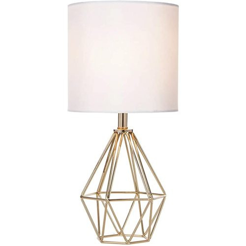 COTULIN Gold Modern Hollow Out Base Bedroom Small Table Lamp,Bedside Nightstand Lamp with Geometric Metal Base White Fabric Shade,Cute Desk Lamp for Kids Living Room