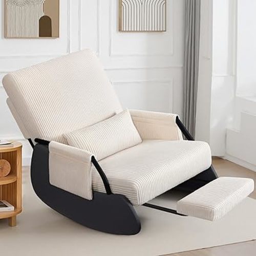 FelixKing Rocking Chair Nursery, Foldable Glider Chair, Upholstered Rocking Chair with Side Pocket and Foot Rest, Comfortable Modern Accent Armchair Recliner for Mom Nursery Living Room Bedroom Beige