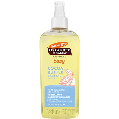 Palmer's Baby Oil, Cocoa Butter Formula Gentle Body Oil, 5.1 fl oz, Nourishing Massage Oil for Delicate Skin with Vitamin E & Argan Oil, 48-Hrs Moisture, Dermatologist Tested Baby Essentials