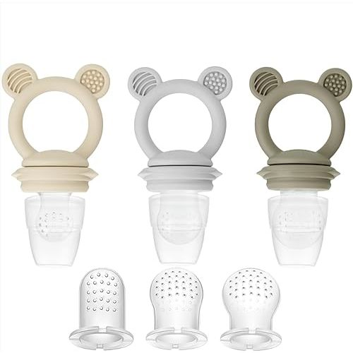 PandaEar 3 Pack Baby Fruit & Food Feeder Pacifier, Silicone Feeder Pacifier with 3 Sizes Pouches for Babies Toddlers Infants Kids, BPA-Free Food Grade Soft Safe -Tan/Grey/Brown