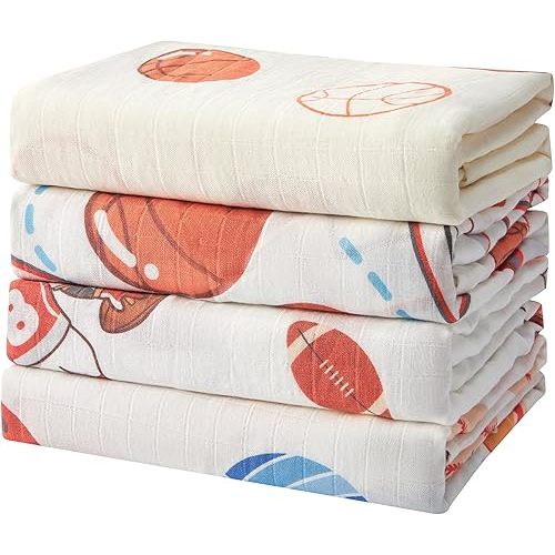 Muslin Swaddle Blankets for Newborn, 4-Pack Breathable Receiving Baby Blanket, Large 47 x 47 Inches Swaddling Wrap for Boys and Girls (Sports Collection)