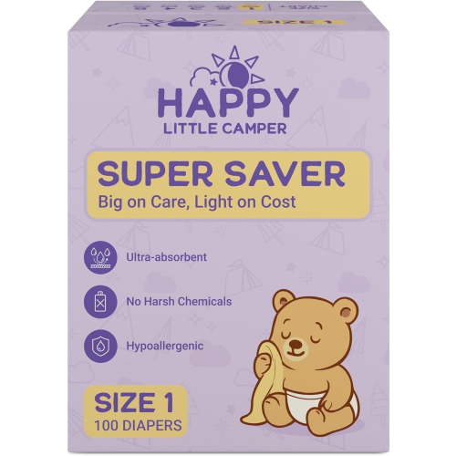 Happy Little Camper Super Saver Diapers, Size 1, 100 Count |Disposable Baby Diapers for Sensitive Skin | Hypoallergenic, Fragrance-Free, Ultra Absorbent