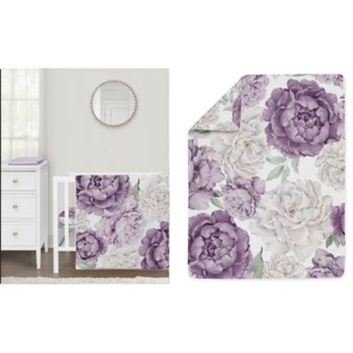 Sweet Jojo Designs Girl Baby Mini Crib Bedding Set - Peony Floral Garden Lavender Purple and Ivory 3pc
