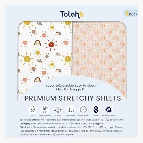 TotAha Baby Crib Sheets Boho Rainbow for Boys Girls, Hypoallergenic Crib Mattress Fitted Sheet Neutral, Ultra Soft Crib Sheets 28x52x9 Extra Deep Pocket, 2 Pack