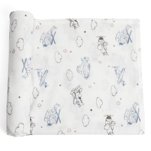 Muslin Swaddle Blanket - Soft, Silky Baby Receiving Wrap for Newborns - Unisex Design, Ideal for Boys and Girls - 47x47 Inches (120x120cm) - Large and Comfortable (Airplane & Cloud)