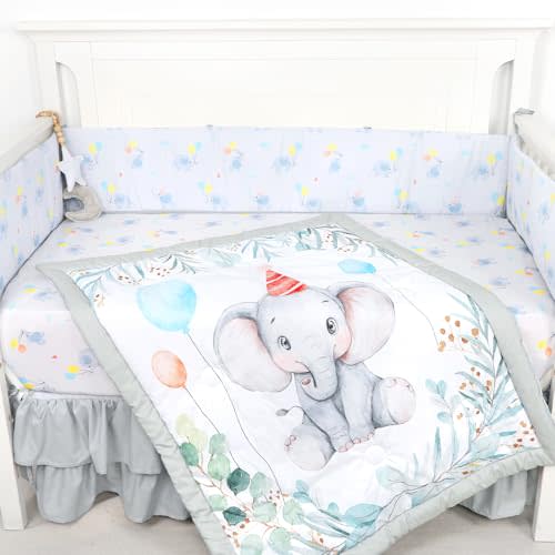 Jundetye Crib Bedding Set for Boys Girls Gray Elephant, Soft Nursery Bed Sets for Newborn Infant Toddler Includes Reversible Comforter, Fitted Sheet, Crib Skirt, And Anti-Collision Pads Liner, Neutral