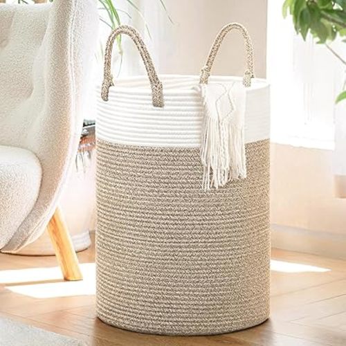 INDRESSME Large Laundry Basket, 55L Tall Laundry Hamper for Dirty Clothes Cotton Rope Basket for Blanket in Living Room Woven Storage Basket Toy Basket for Nursery Storage, 19.7''H * 13.8''D